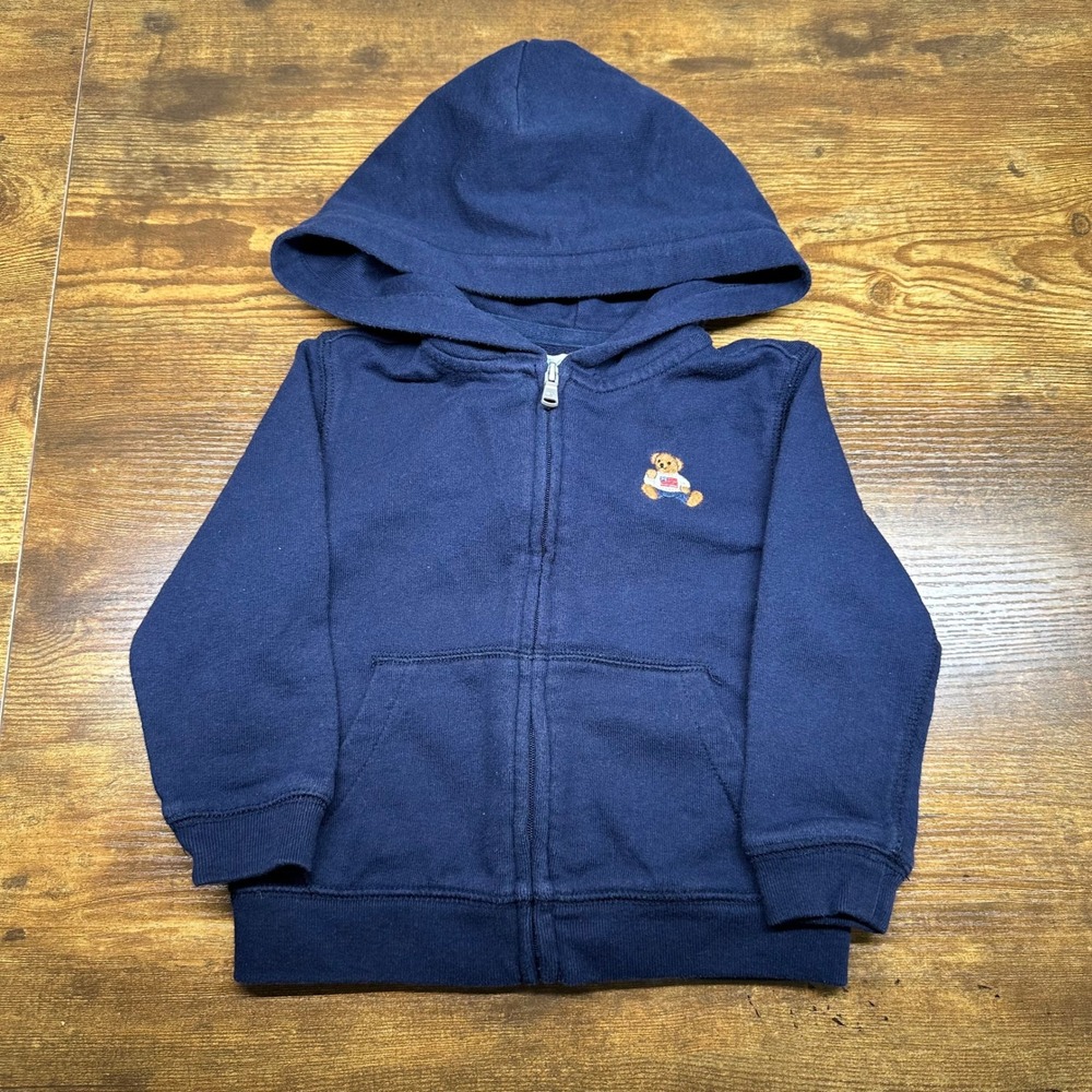 Ralph Lauren Polo Bear‎ Full Zip Hoodie Navy Blue Toddler 18M Flag Sweatshirt